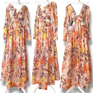 NWT The Sang Boutique Floral Ruffle Maxi V-Neck Dress Orange Pink Yellow Flowy
